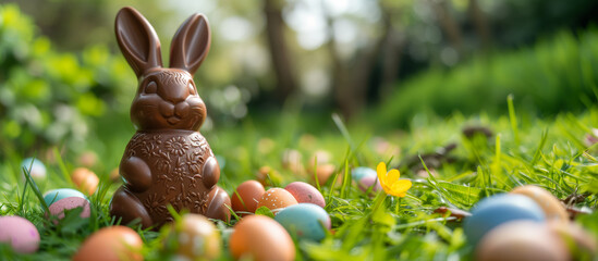 a chocolate bunny surrounded by colorful eggs in the grass, symbolizing easter celebration with a fe