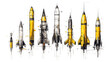 An intriguing watercolor sketch featuring rockets and shells outlined
