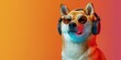 Shiba Inu dog (doge) wearing sunglasses and headphones on colorful background for summer music and podcasting concept