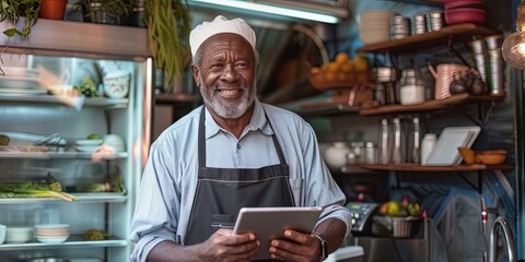 Wall Mural - older black man using tablet in the kitchen. Restaurant and home cooking concept