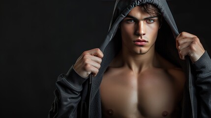 Wall Mural - Fit young man wearing stylish hoodie isolated on black background