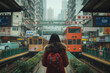 Woman waiting at tram station in urban cityscape, suitable for travel blogs and transportation themes
