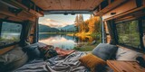Fototapeta  - Living in a van down by the river. View from inside vandwelling