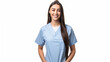 young female nurse wearing a blue scrub top, smiling and posing against a light-colored background.