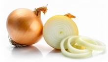 Fresh Yellow Onion And Rings Isolated On White Background
