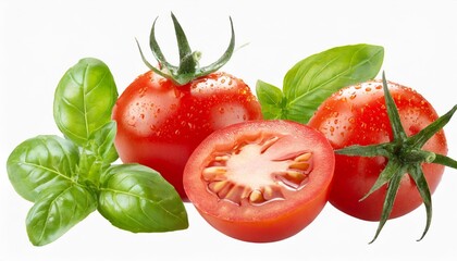 Wall Mural - cherry tomatoes with basil leaves cut out on transparent background