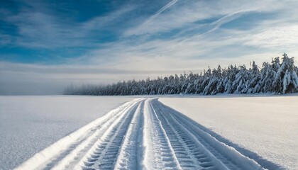 Wall Mural - car tire track in the snow concept for transport and winter tires in winter time