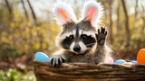 Fototapeta  - funny raccoon easter bunny with ears and eggs sitting in nest