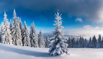 Wall Mural - panorama of spruce tree forest covered by fresh snow during winter christmas time the winter scene is almost duotone due to contrast between the frosty spruce trees white snow foreground and sky