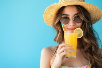 Wall Mural - Portrait of beautiful young woman drinking a fresh juice wearing a summer hat on blue background