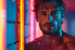 A striking portrait of a handsome and sexy man against a vibrant neon background, exuding confidence and allure.