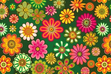 Green pattern with bright flowers in the style of the 60s.