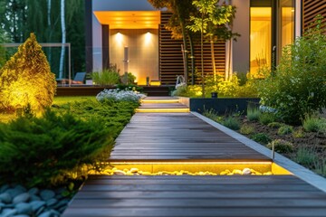 Wall Mural - Modern house with illuminated garden and outdoor steps at dusk