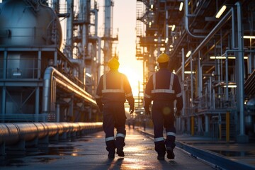 Back view of two engineers walking in a oil refinery