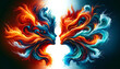 Abstract art of two faces in profile, created by fiery and aquatic paint swirls, representing duality and harmony, set against a dark, contrasting background.AI generated.