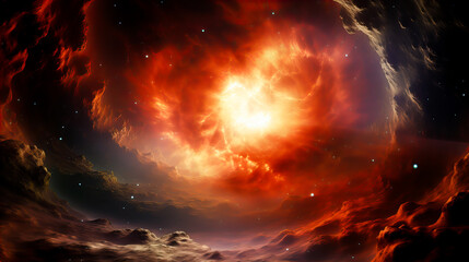 Wall Mural - fiery explosion in space, computer generated abstract background. red and orange nebula with stars a