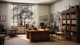 An office for a genealogy research center with family tree visuals, historical documents, and genealogy-themed decor.