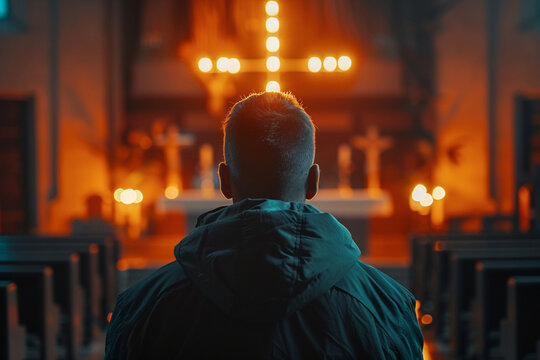 A Christian Man Engages in Reverent Prayer Before the Cross, Seeking Strength, Guidance, and Connection with the Divine.