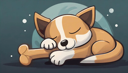 flat logo of Cute dog sleeping with bone cartoon vector icon illustration. animal nature icon concept isolated premium vector