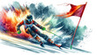 © Czintos Ödön - A dynamic watercolor illustration of a skier in full gear aggressively navigating a slalom gate, splashes of vibrant colors emphasize movement and speed.Sport concept.AI generated.