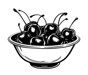 Wall Mural - A line drawing black and white ink sketch of a bowl of cherries