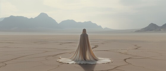 A man in a long dress or fabric on the background of an abandoned area or a desert landscape