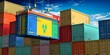 Freight shipping container with flag of Saint Vincent and the Grenadines on crane hook - 3D illustration