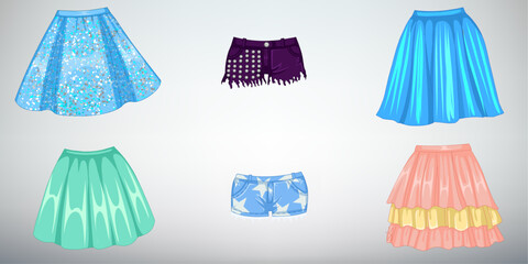 Different skirts for women, Collection of woman clothes, long and mini skirts of different colors.