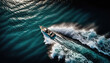 Aerial drone top down view of speed boat travellnig at speed across the sea creating huge wake
