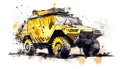 Poster - A dynamic watercolor sketch of a combat vehicle with yellow gray lines