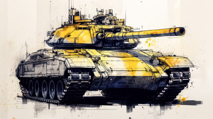 Poster - A striking watercolor sketch of a tank with yellow gray lines