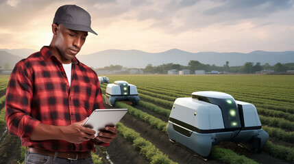 Poster - Farmer controls autonomous wheeled robots an agricultural field. Using artificial intelligence on a smart farm