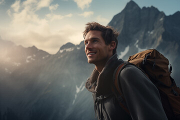 Smiling man with backpack stands on the top of mountain with beautiful rocky area at background, watching up. Closeup portrait