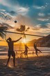 © Artsaba Family - Intense beach volleyball action captured at dusk with players mid-game and a vibrant sky.