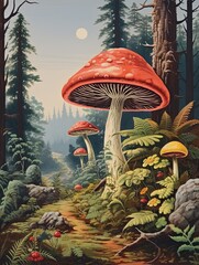 Wall Mural - Mystical Woodland Landscape: Whimsical Mushroom Art in Vintage Forest Scene