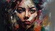 A dynamic abstract portrait captures the complexity of human emotion through thickand expressive brush strokes. Oil painting. 