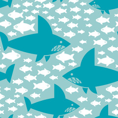 Wall Mural - Shark and fish pattern seamless. Undersea world background. Baby fabric texture