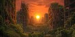 Sunrise brings light to an overgrown cityscape, where nature reclaims abandoned buildings in a scene of serene post-apocalyptic beauty. Resplendent.