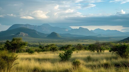 Wall Mural - Serenity at dusk: african savanna landscape with distant mountains and lush grasslands. perfect for wall art. AI