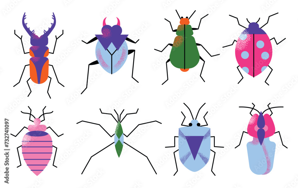 Cute cartoon insect characters set. Funny happy small bugs, caterpillars, grasshoppers, beetles, worms, bees and ants. Flat modern vector illustrations isolated on white background