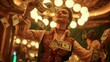 Woman in a traditional outfit joyfully holds up cash in a casino, surrounded by luxurious ambiance