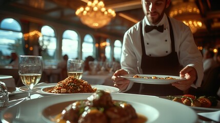 Poster - A waiter serving food in hotel dining room. Generative AI.