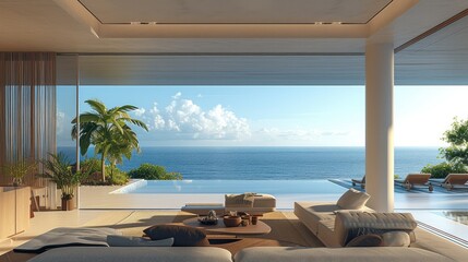 Canvas Print - A living room at house with view to the ocean, natural light. Generative AI.
