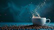 Dynamic coffee splash in a white cup with flying beans on a blue background. invigorating morning beverage scene captured. serene yet energetic imagery. AI