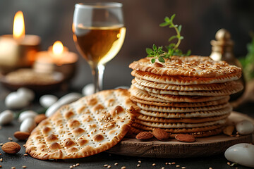 Wall Mural - Matzah Jewish holiday bread and glass of wine, Passover celebration concept
