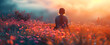© Holly Berridge - back view of a girl sitting in a field of flower at sunset. solitary moment of beauty.