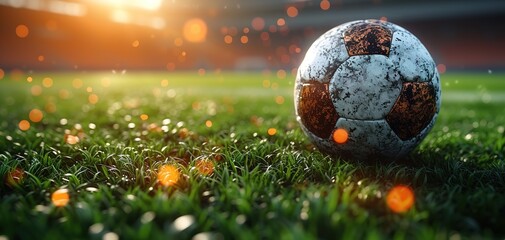 Wall Mural - After game. Closeup soccer ball on grass of football field at crowded stadium