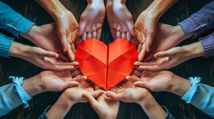 Wall Mural - Hands holding red heart. United diversity or multi-cultural partnership in a group	