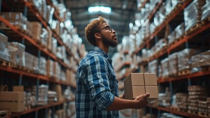 Aufkleber - A salesman checking scan box in a hardware warehouse. Generative AI.