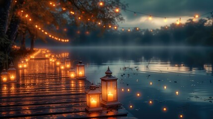 Wall Mural - Lanterns by the lake with fantasy forest background, sparkling night. Generative AI.